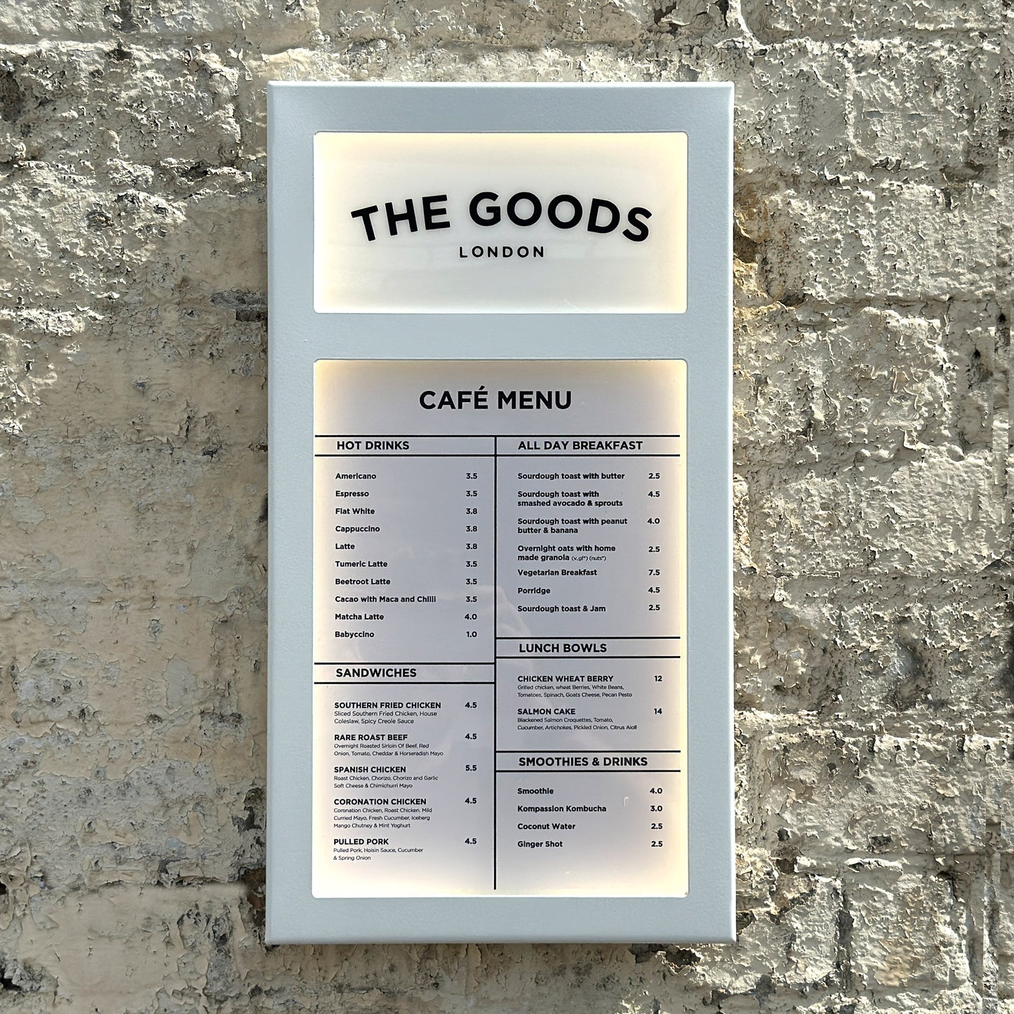 White Illuminated Menu Case with restaurant logo